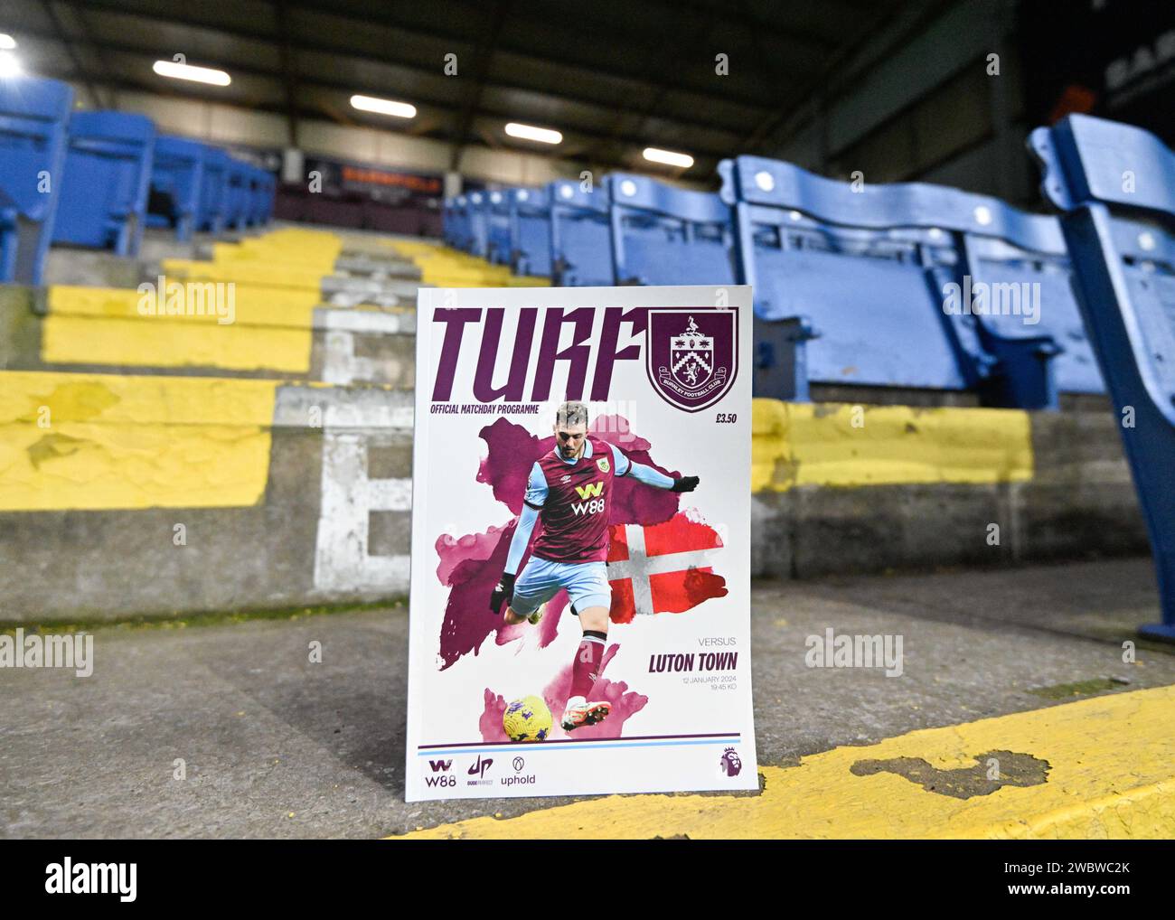 Match Day Program Burnley, UK. 12th Jan, 2024. Jacob Bruun Larsen of Burnley on the front ...