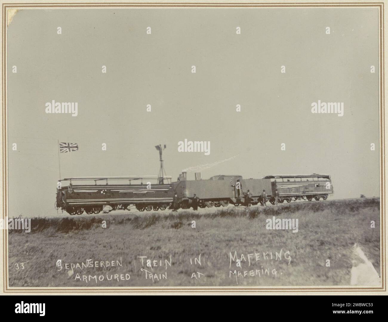 Armored train at Mafeking, Jan van Hoepen (attributed to), 1899 - 1900 photograph Part of photo album with recordings of the Second Boer War (1899-1902). Mafeking paper. photographic support. cardboard  railway, train Mafeking Stock Photo