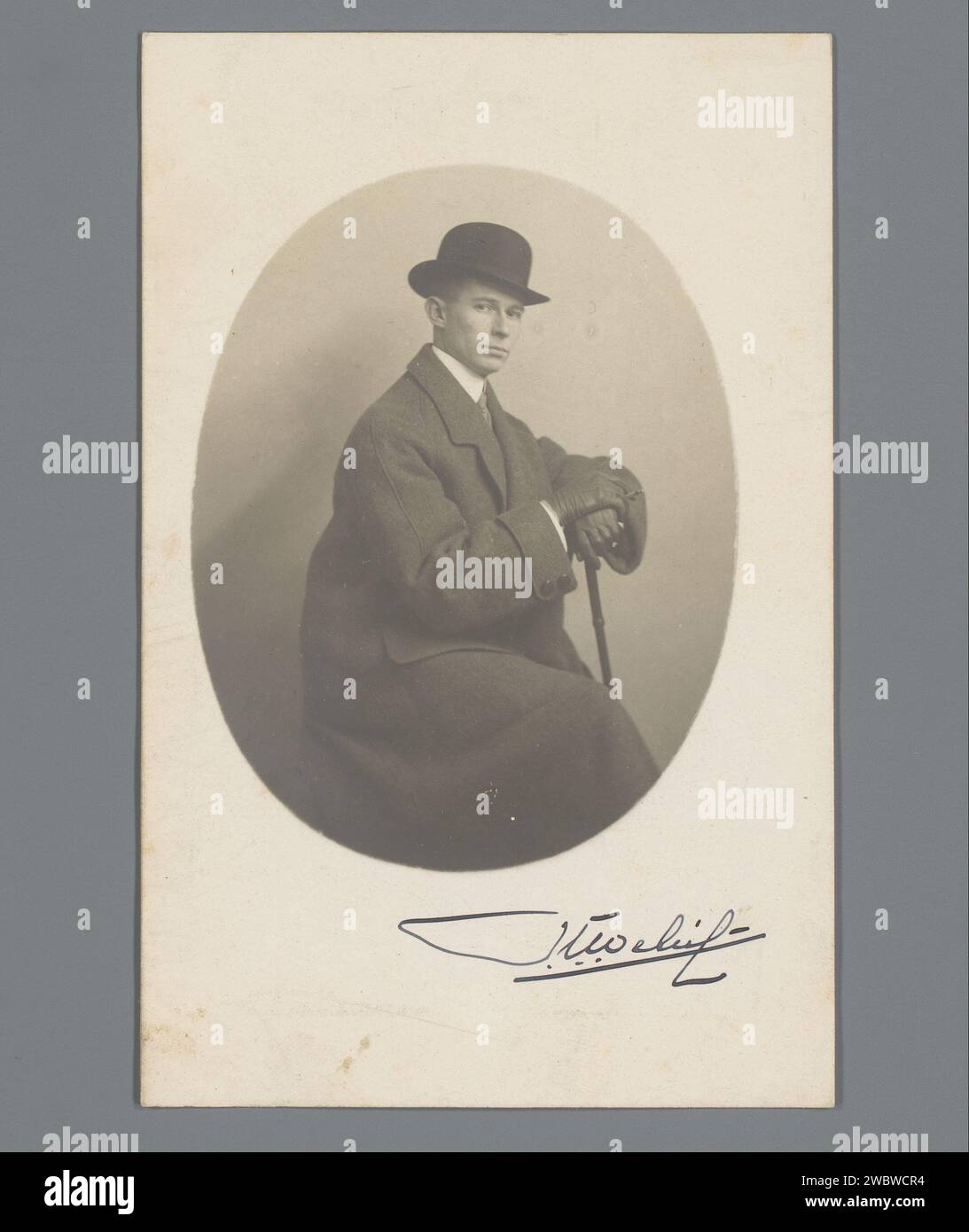 Portrait of an unknown man with bowler hat and walking stick, American