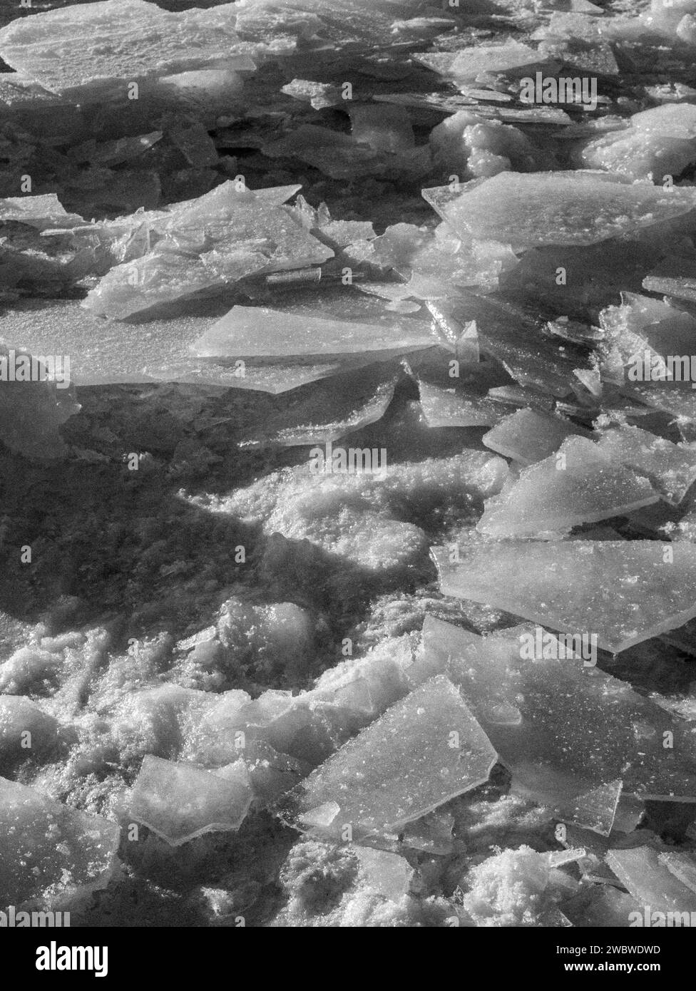 black and white broken winter sea ice crack close up Stock Photo