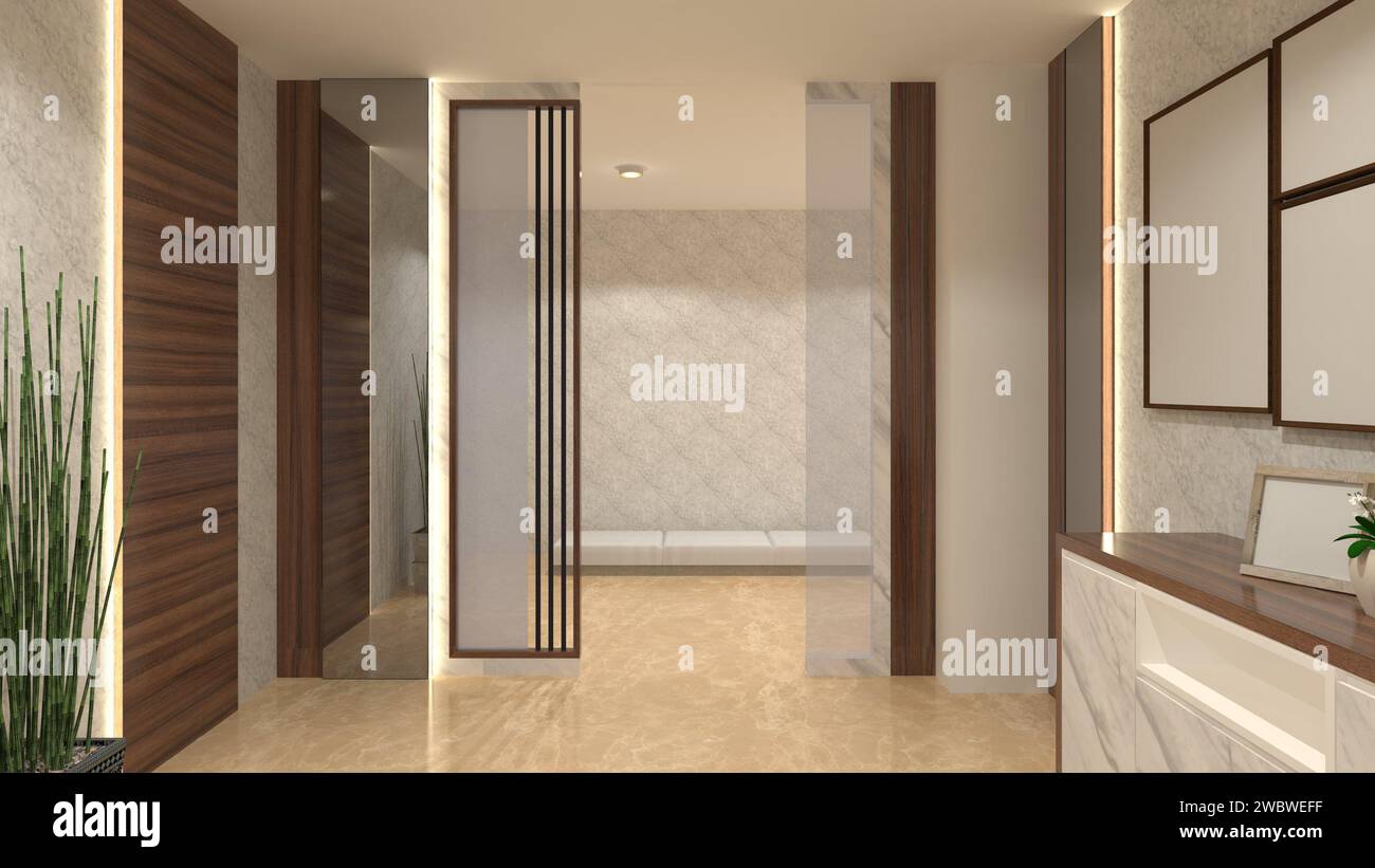 Modern Wall Partition Design with Wooden and Mirror Glass Furnishing