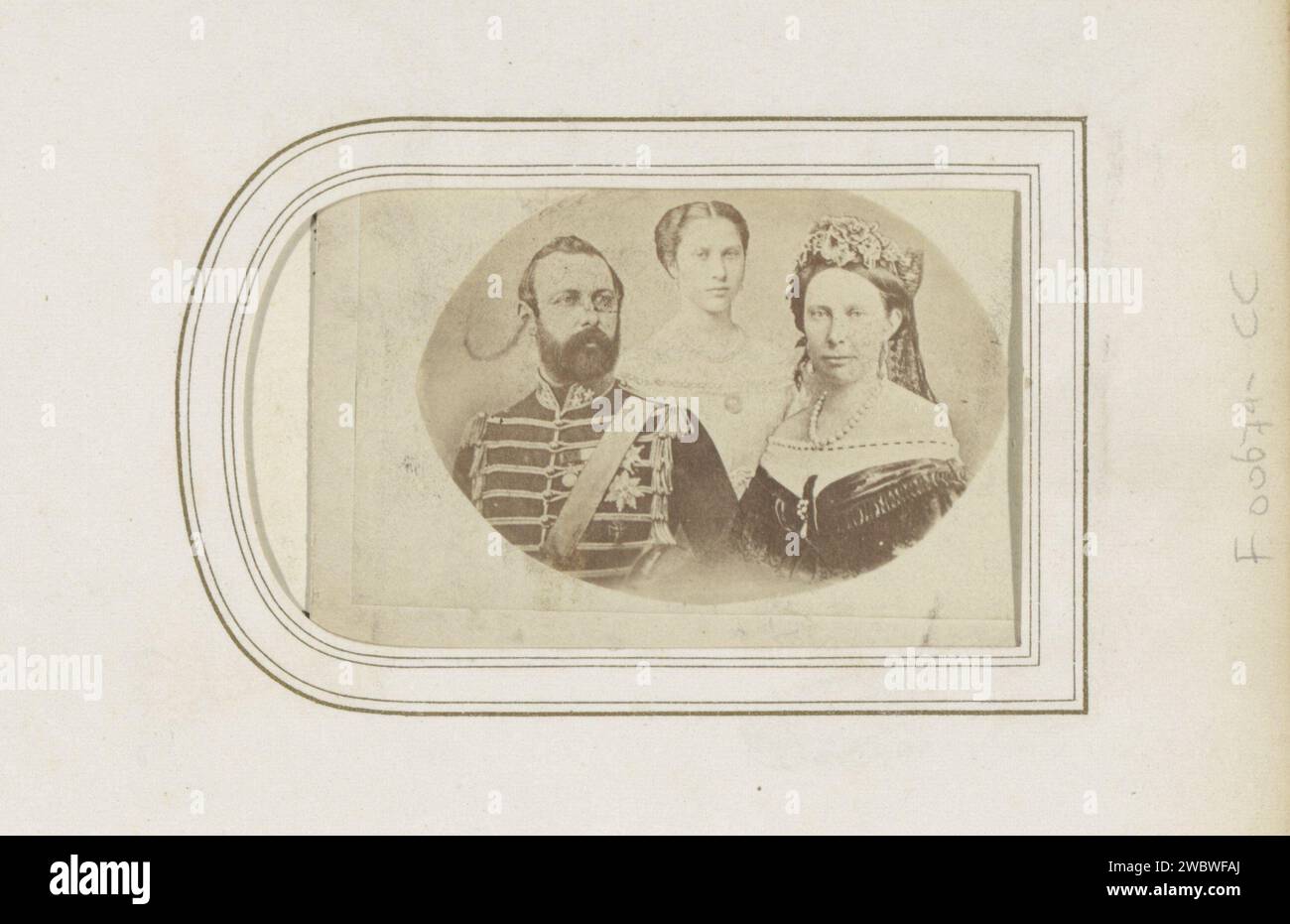 Portrait of King Charles XV and Queen Louise van Sweden and Norway and Crown Princess Louise, Anonymous, 1865 - 1880 Photograph. visit card Part of photo album with 123 Cartes-de Visite of members of European royal houses, politicians and well-known persons.  cardboard. paper. photographic support albumen print historical persons. ruler, sovereign. crown princess. family group, especially parents with their child(ren). (military) uniforms. decorations, honours (as symbols of the state, etc.). medals and other marks of military honour. head-gear. styles of hairdress - AA -  women Stock Photo