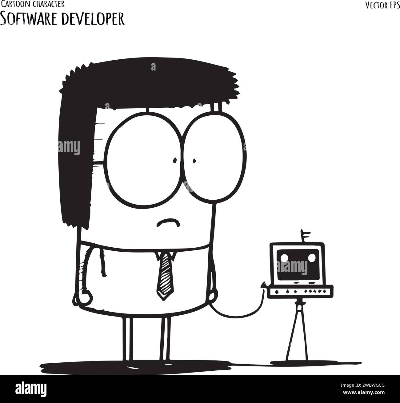 Programmer working on web development on Laptop computer. Software developers. Hand drawn Vector illustration Stock Vector