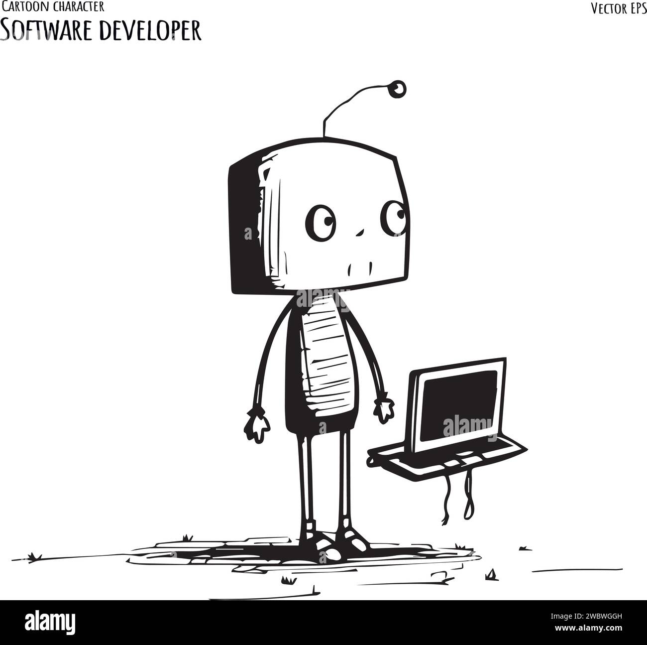 Programmer working on web development on Laptop computer. Software developers. Hand drawn Vector illustration Stock Vector