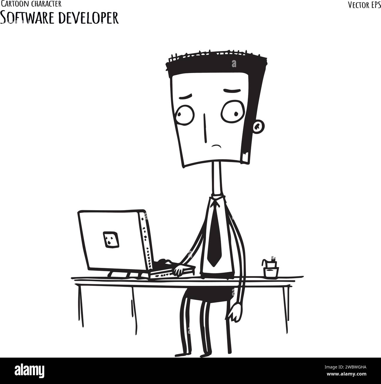 Programmer working on web development on Laptop computer. Software developers. Hand drawn Vector illustration Stock Vector