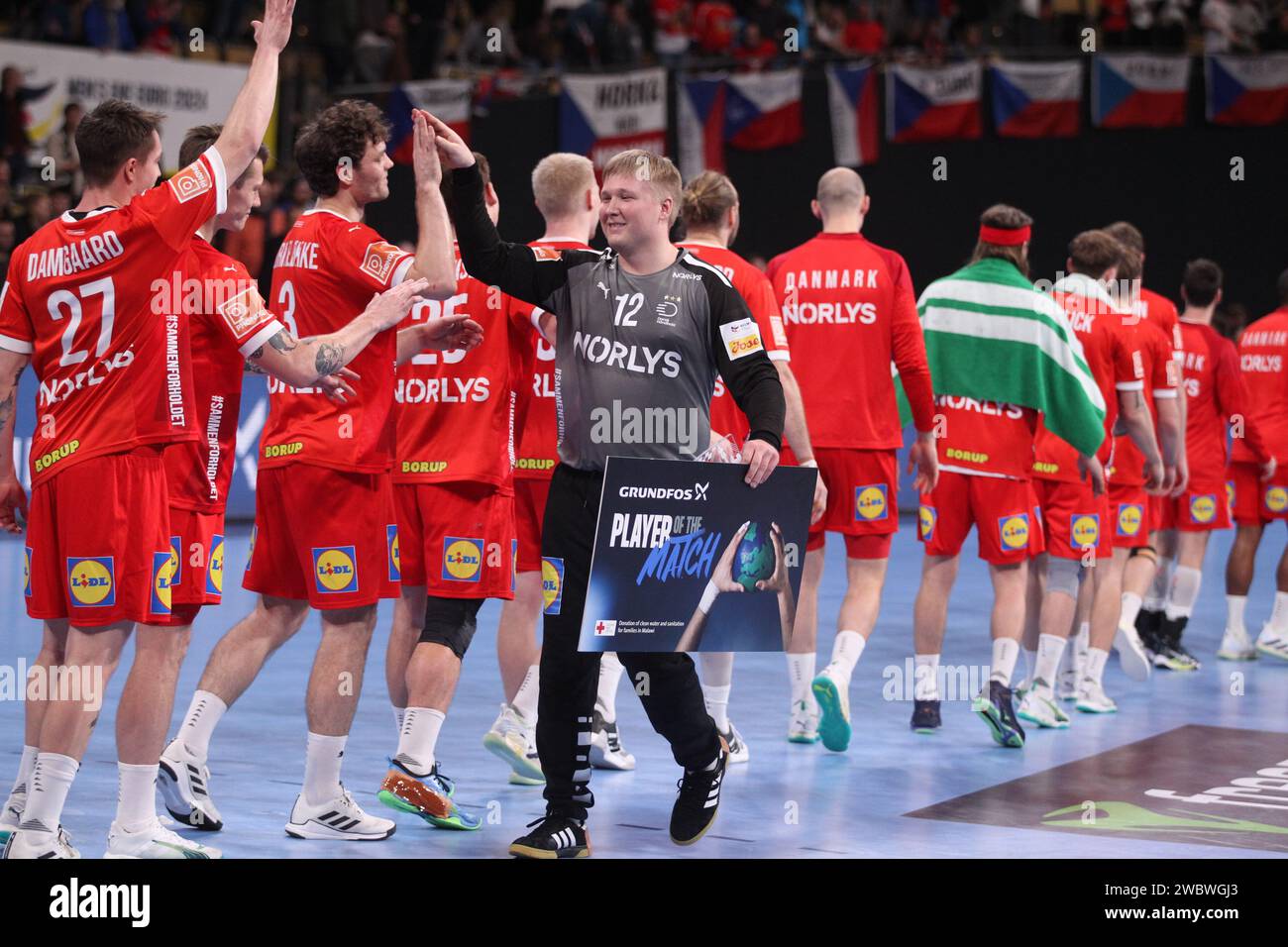 MUNICH, Germany. , . Danish players celebrate with 12 KEEPER eMIL