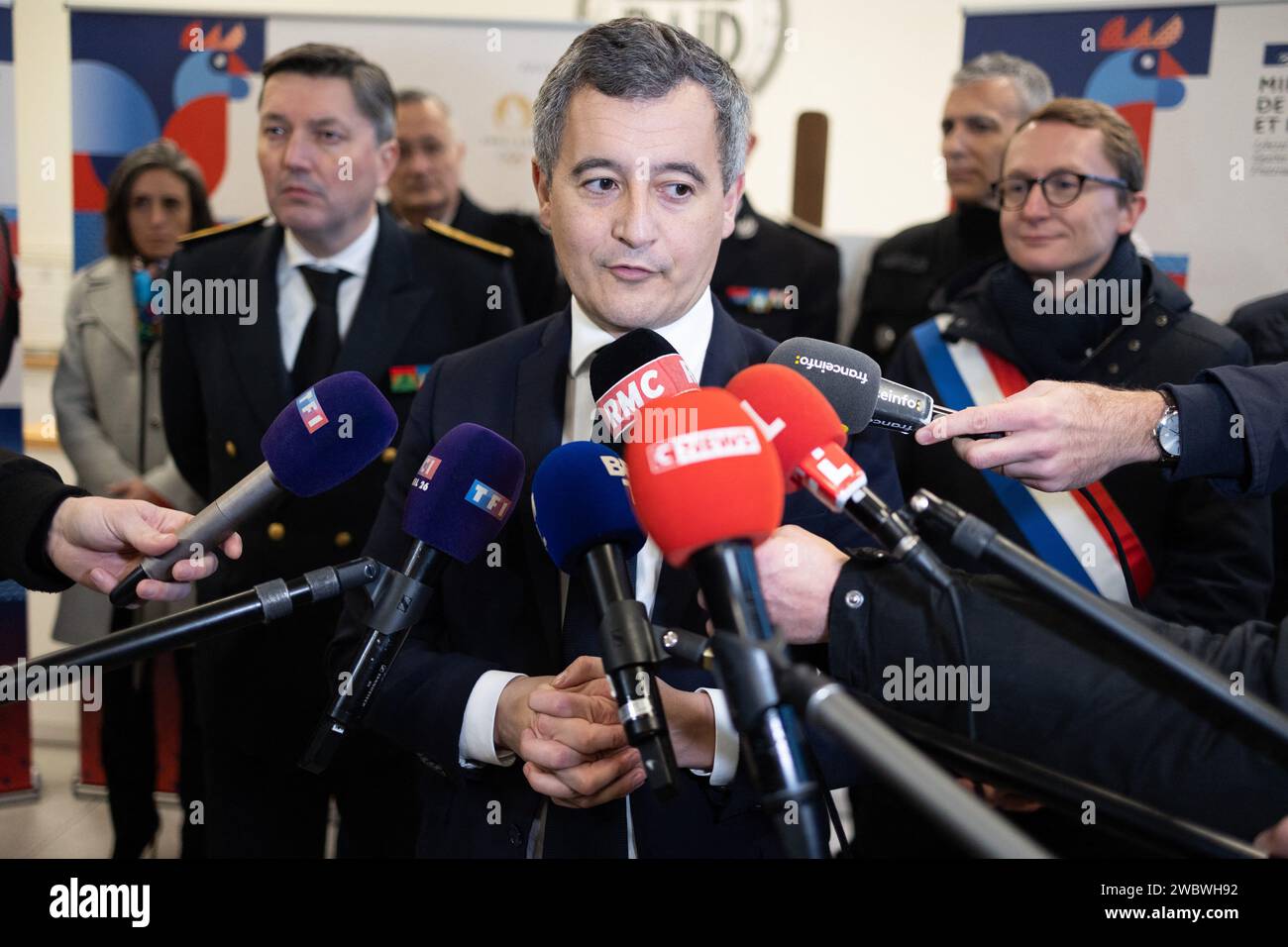Bievres, France. 12th Jan, 2025. French Interior Minister Gerald