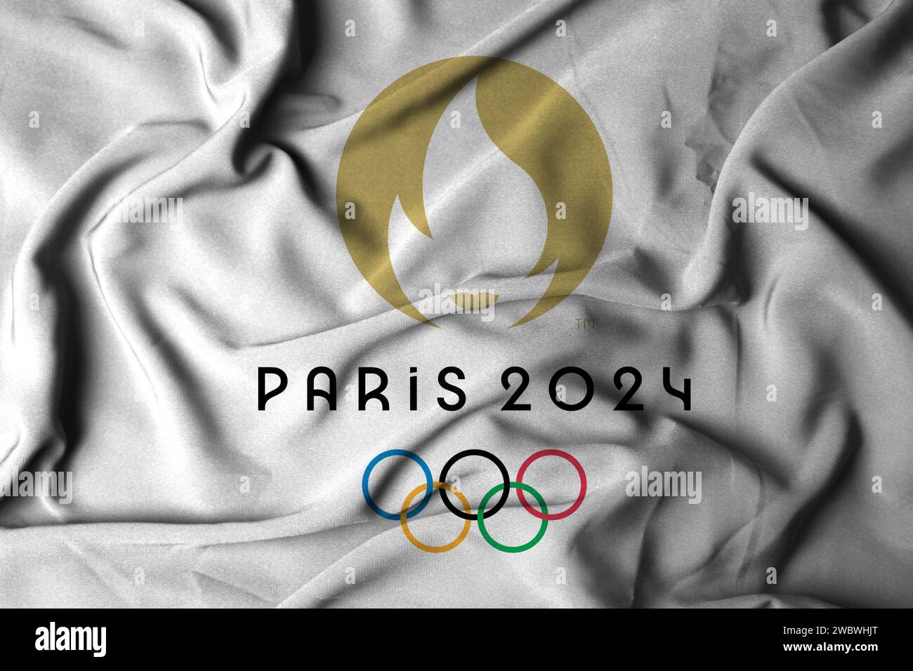 Flag with the official emblem of the 2024 Olympic Games. Waving flag