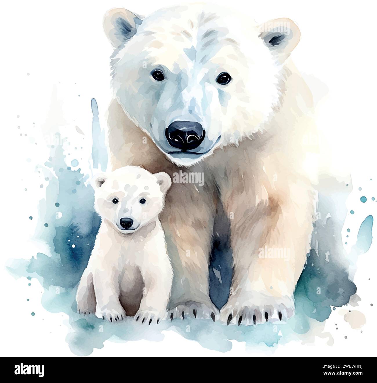 cute polar bear with mother watercolor children's book illustration style on white Stock Vector