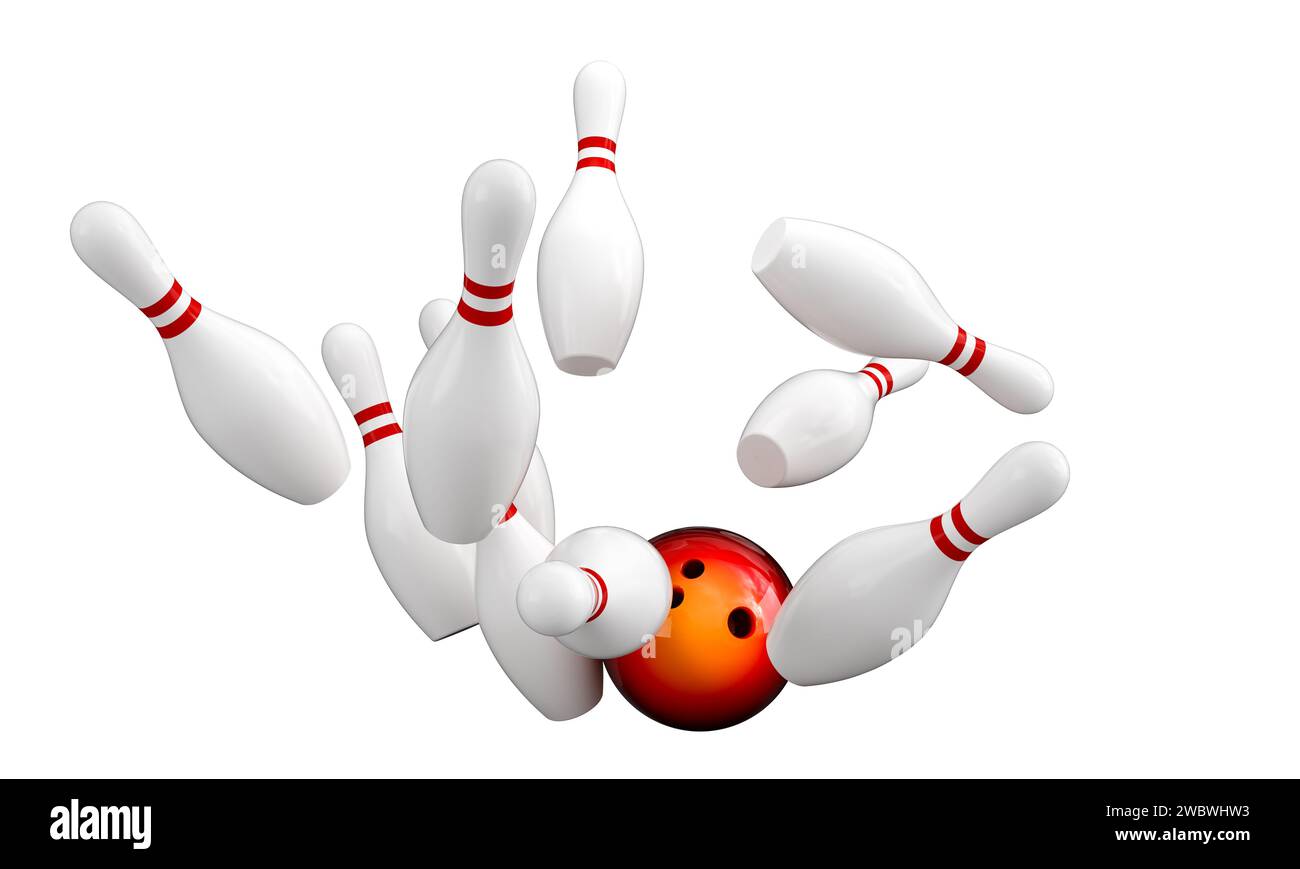 ball hitting bowling pins isolated on white. 3d render Stock Photo Alamy