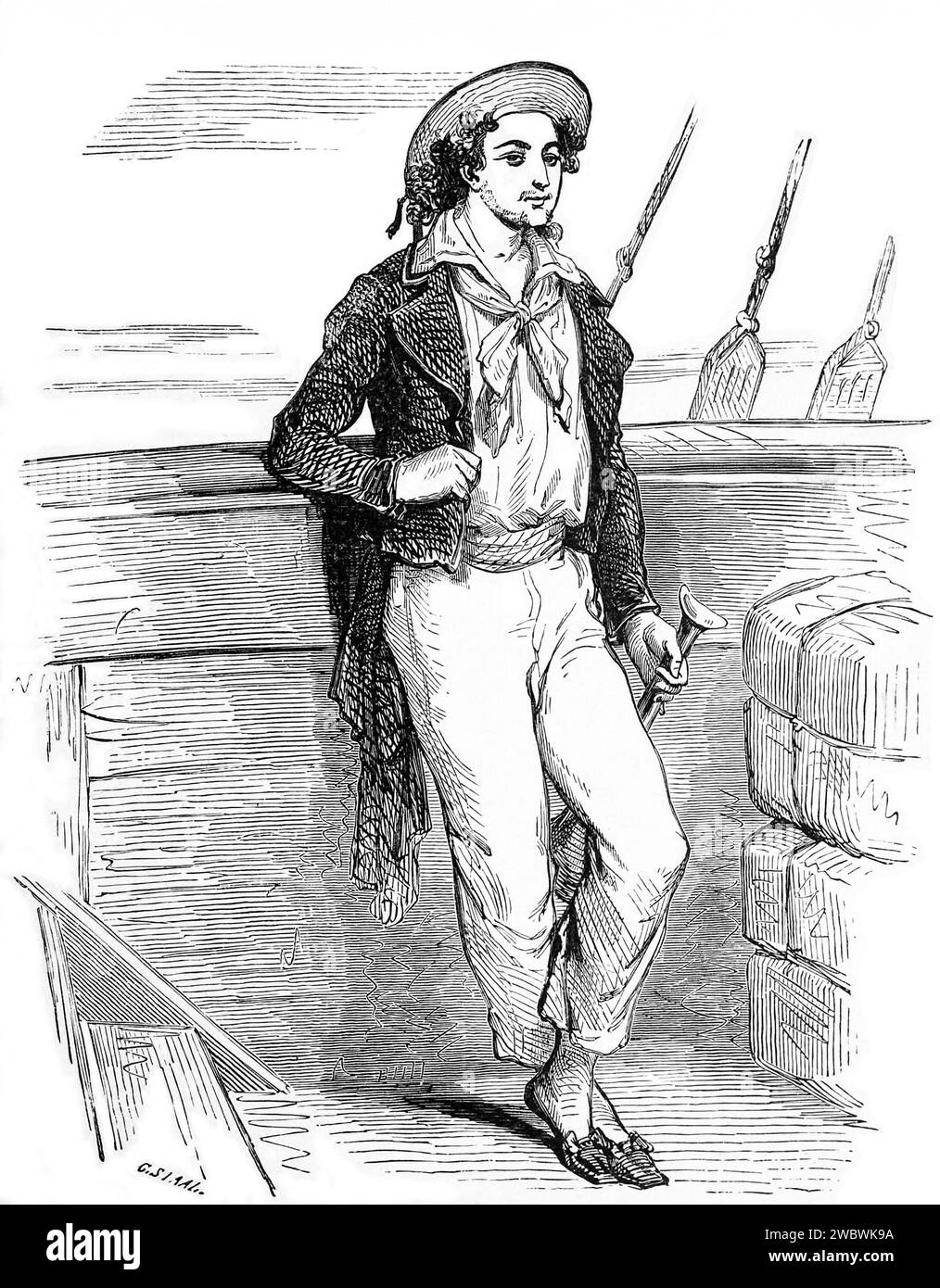 The Count of Monte Cristo by Alexandre Dumas. The main character, Edmond Dantès, as a merchant sailor before his imprisonment (Illustration by Pierre-Gustave Staal - 1888) Stock Photo