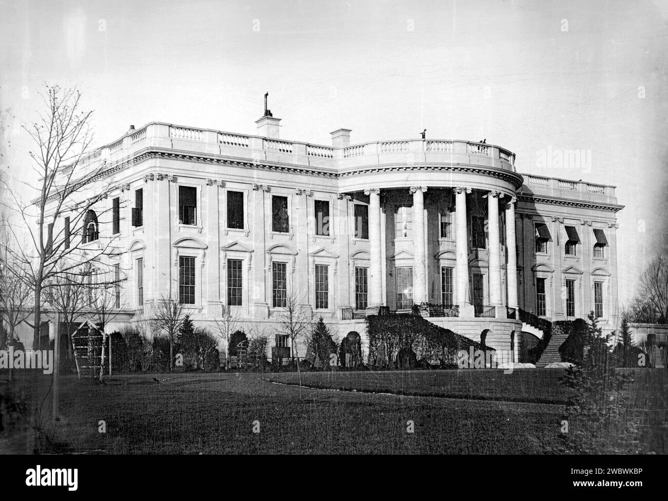 White House 1800s. The earliest known photograph of the White House, taken c. 1846 by John Plumbe during the administration of James K. Polk Stock Photo