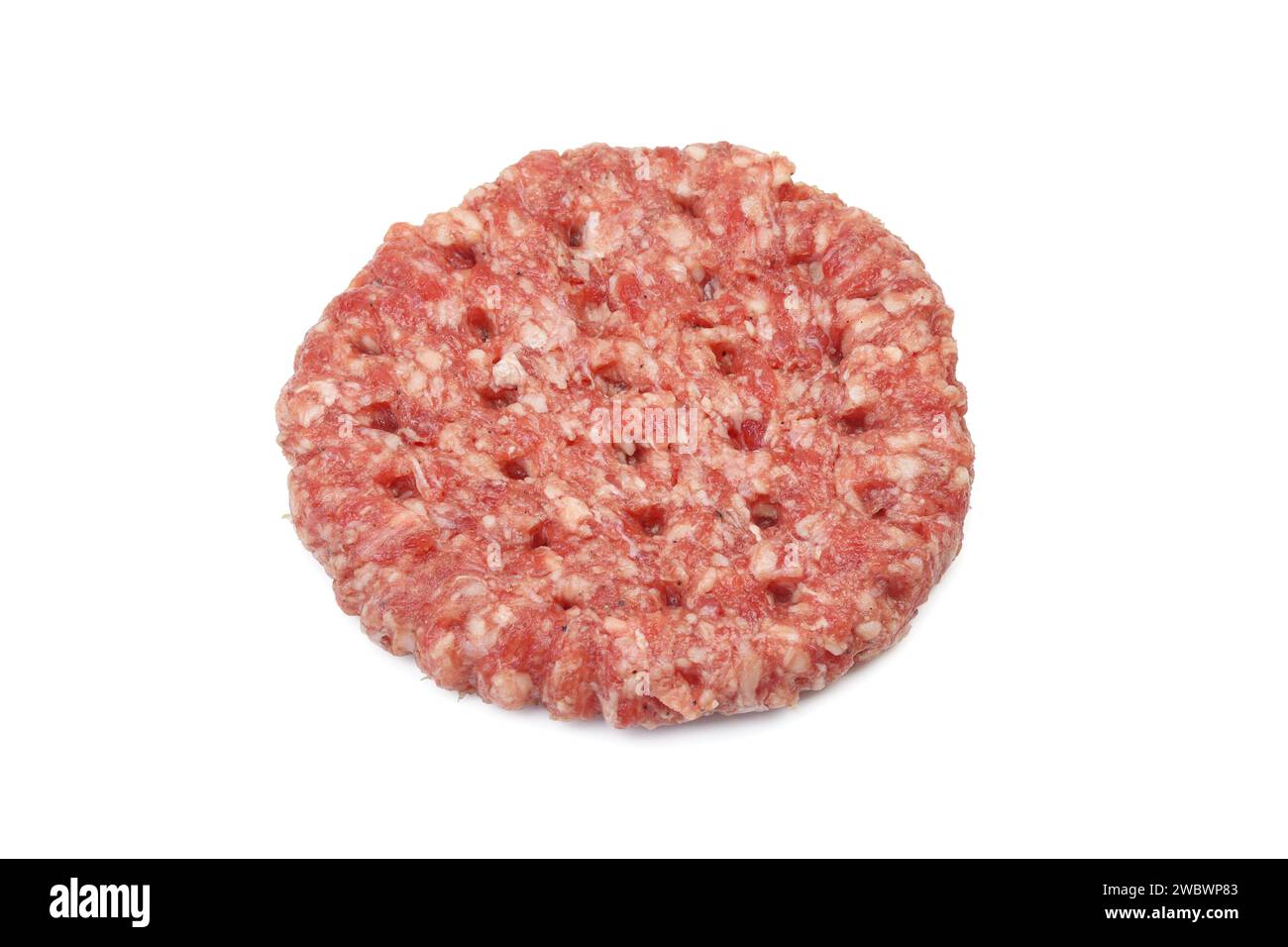 Single fresh beef patty isolated on white background. Minced burger meat Stock Photo