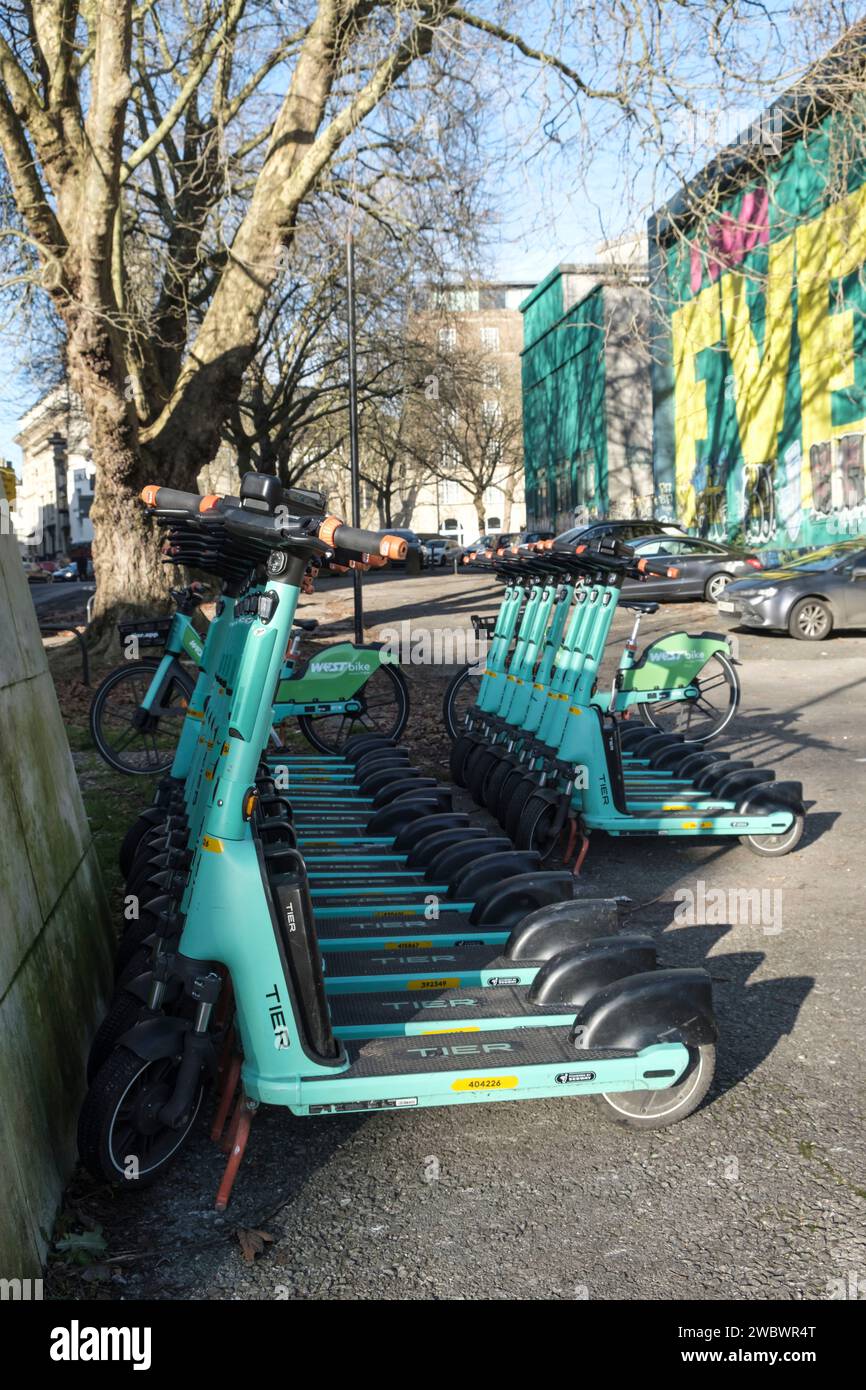 Around Bristol City Centre. Trier escooters lined up ready for hire