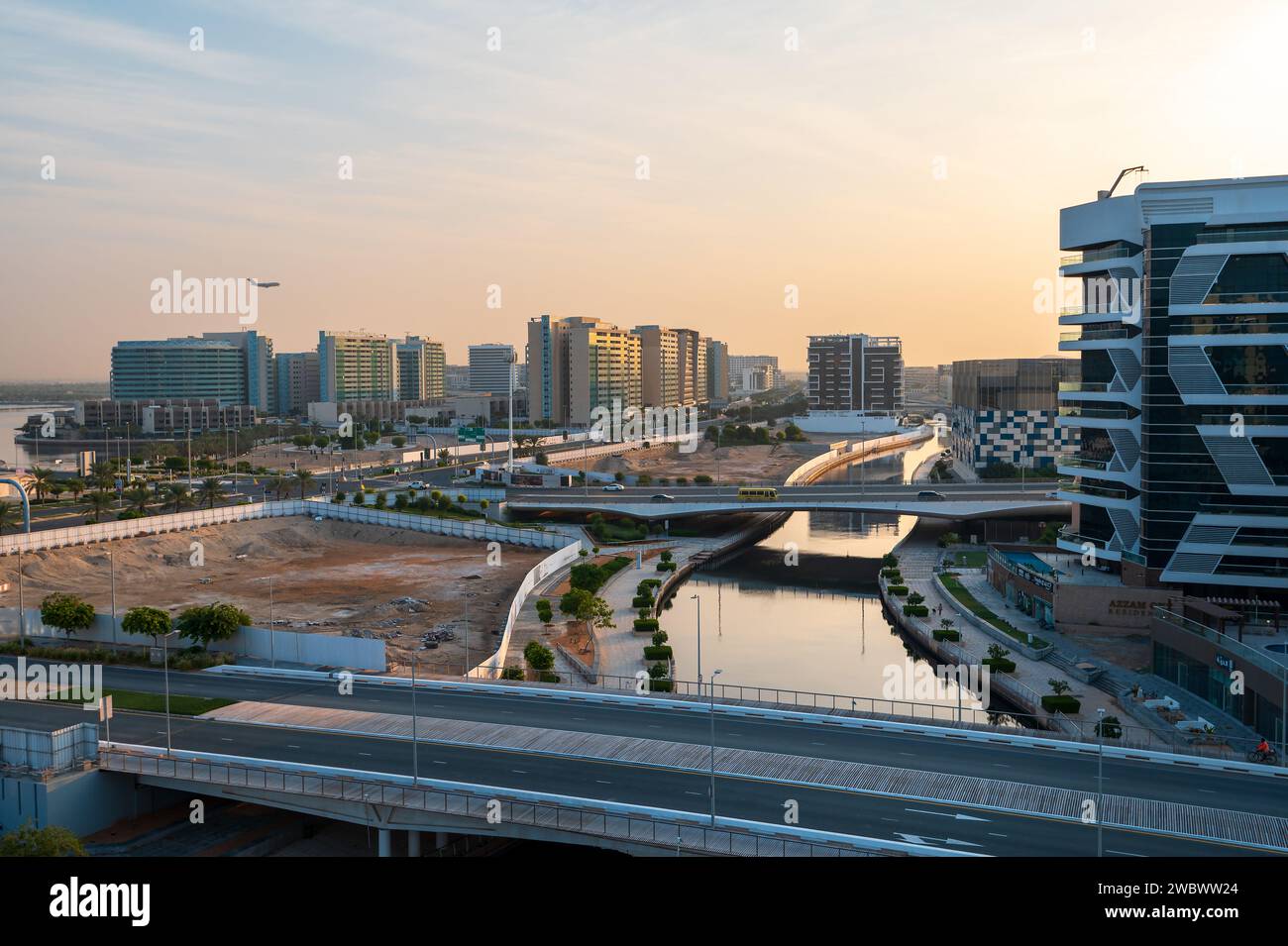 High angle view of sunrise over Al Raha waterfront neighborhood in Abu ...