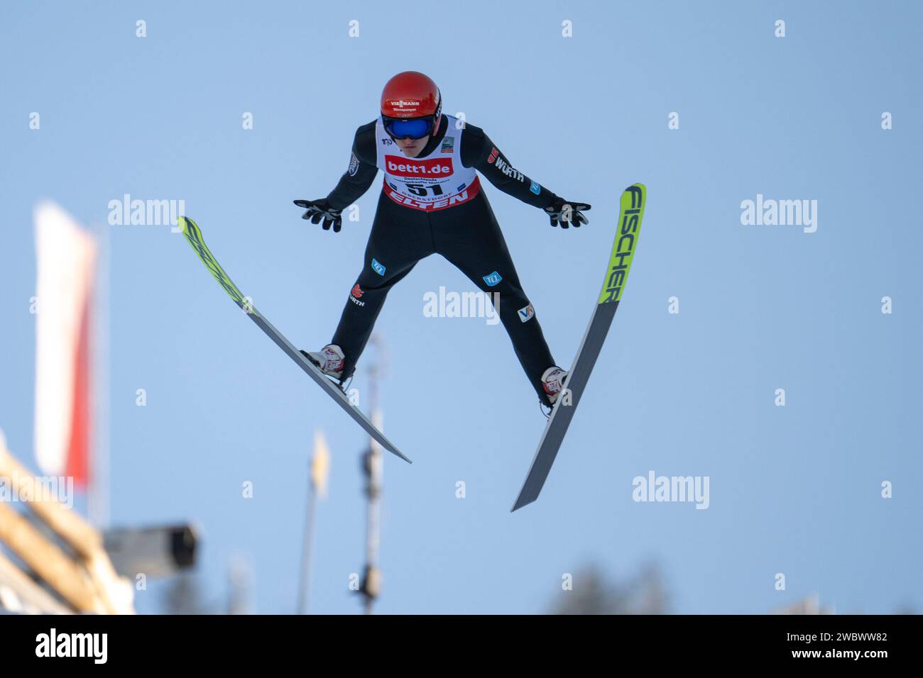 Julian Schmid of Germany competes during the Men?s Ski Jumping HS 106 at the Fis Nordic Combined World Cup in Oberstdorf on January 122024 Stock Photo
