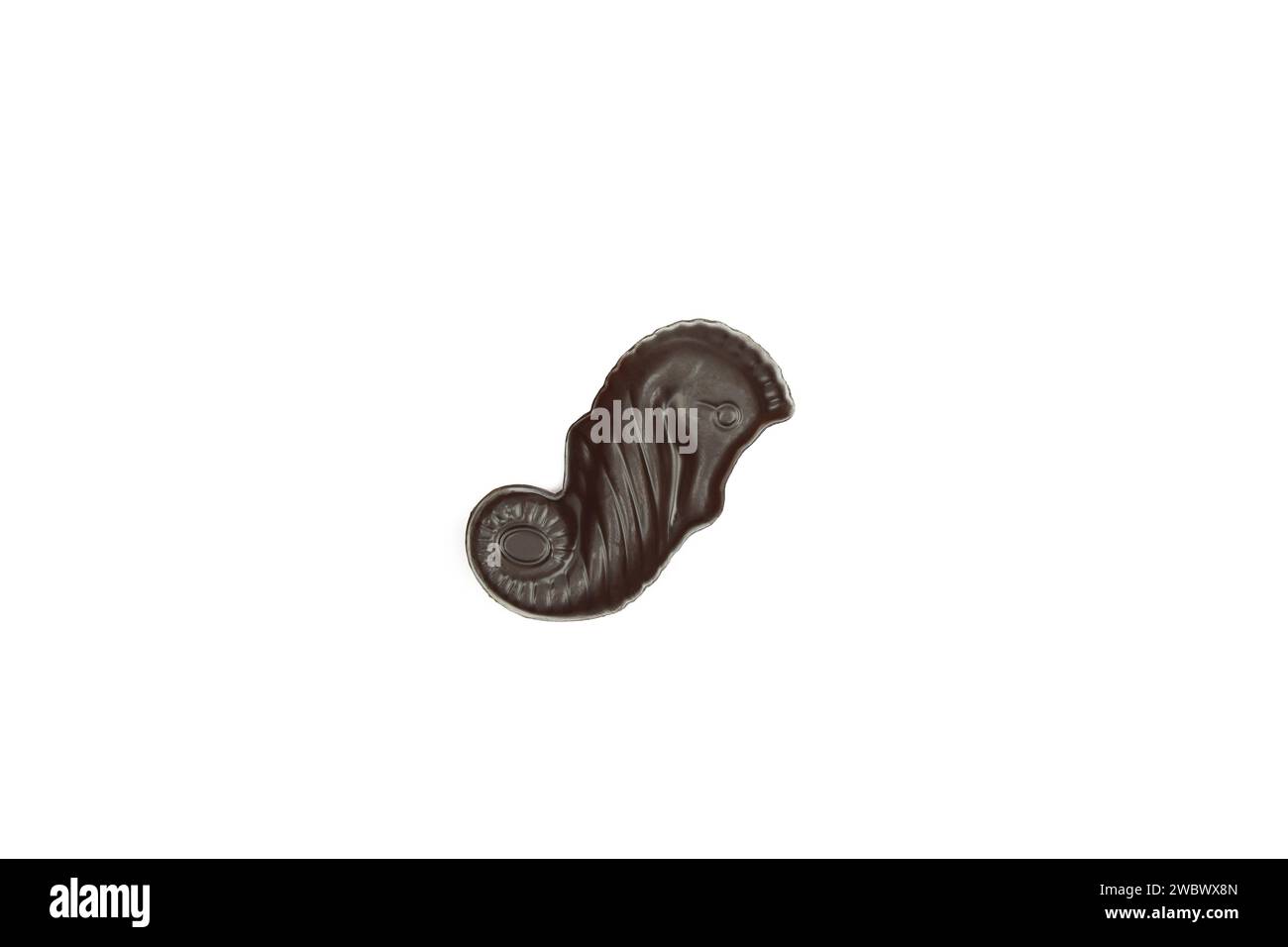 Single dark chocolate seahorse praline isolated on white background Stock Photo