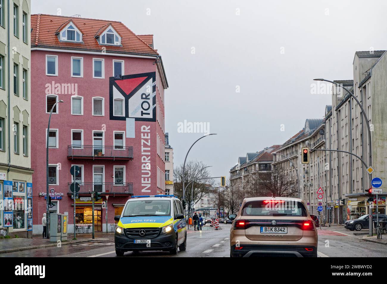 Berlin, Germany - January 1, 2024: Cityscape with a main street in Berlin-Neukoelln on New Year's Day. Stock Photo