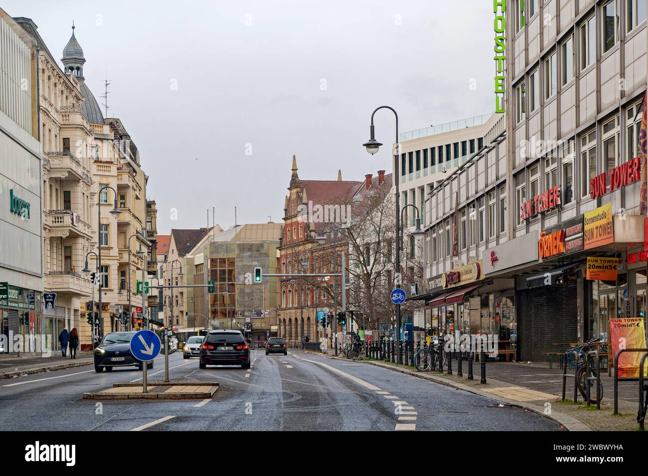 Berlin, Germany - January 1, 2024: Cityscape with a main street in Berlin-Neukoelln on New Year's Day. Stock Photo