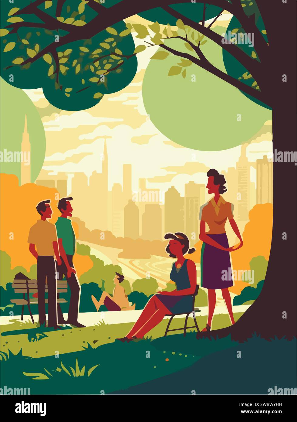 Happy family walking in park. Poster in retro style. Vector ...