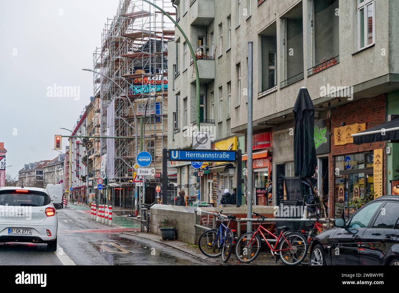 Berlin, Germany - January 1, 2024: Cityscape with a main street in Berlin-Neukoelln on New Year's Day. Stock Photo