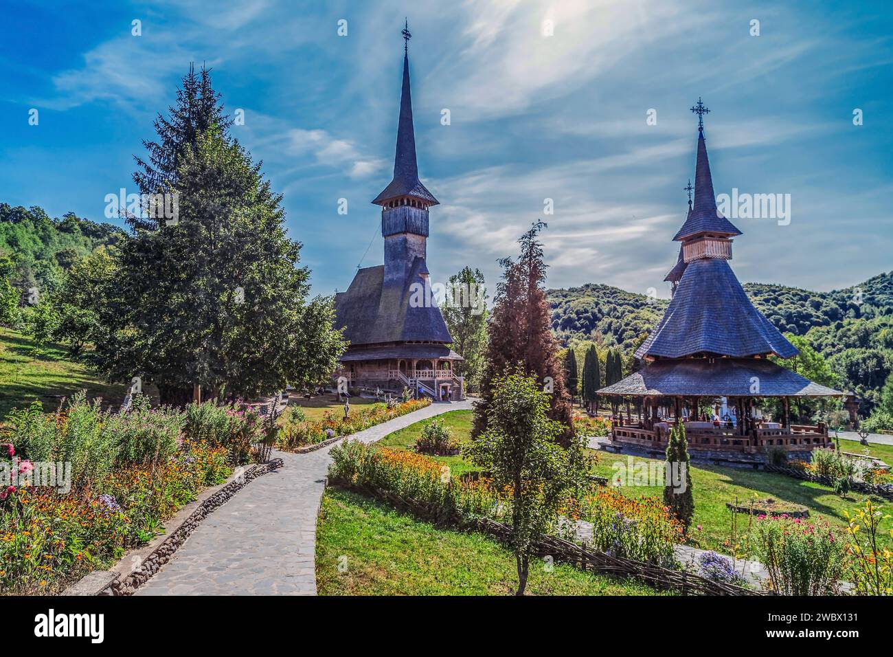 Buildings in the Barsana monastic complex, Maramures, Romania. The first wooden church was built in 1711. Stock Photo