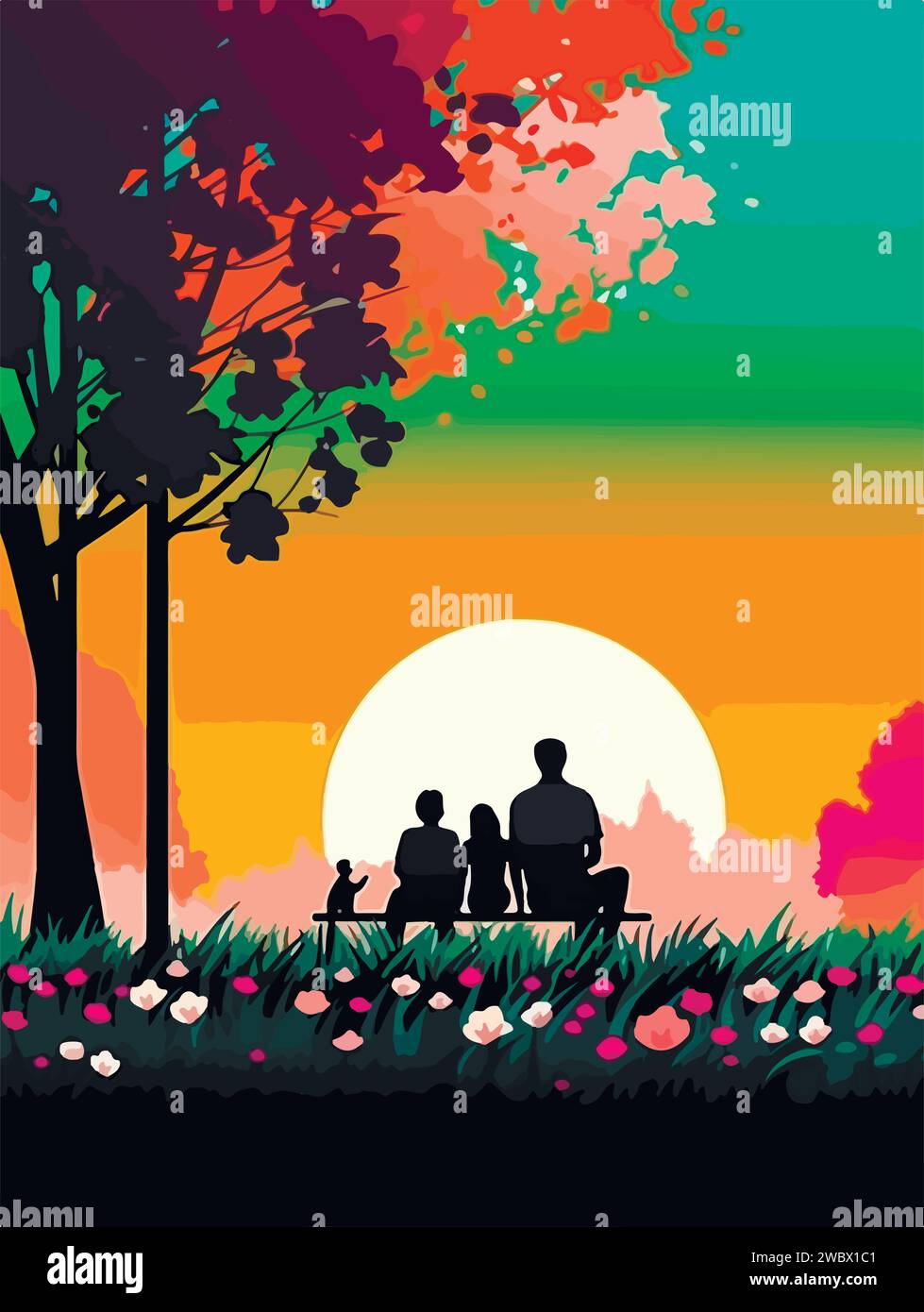 Happy family walking in park. Poster in retro style. Vector ...