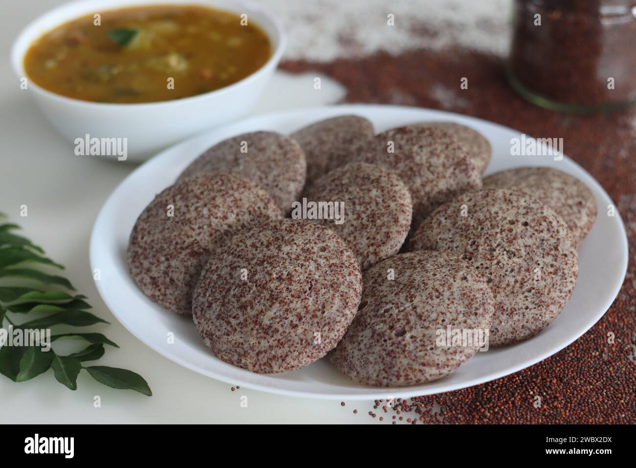 Ragi Idli served with sambhar. A nutritious South Indian staple made