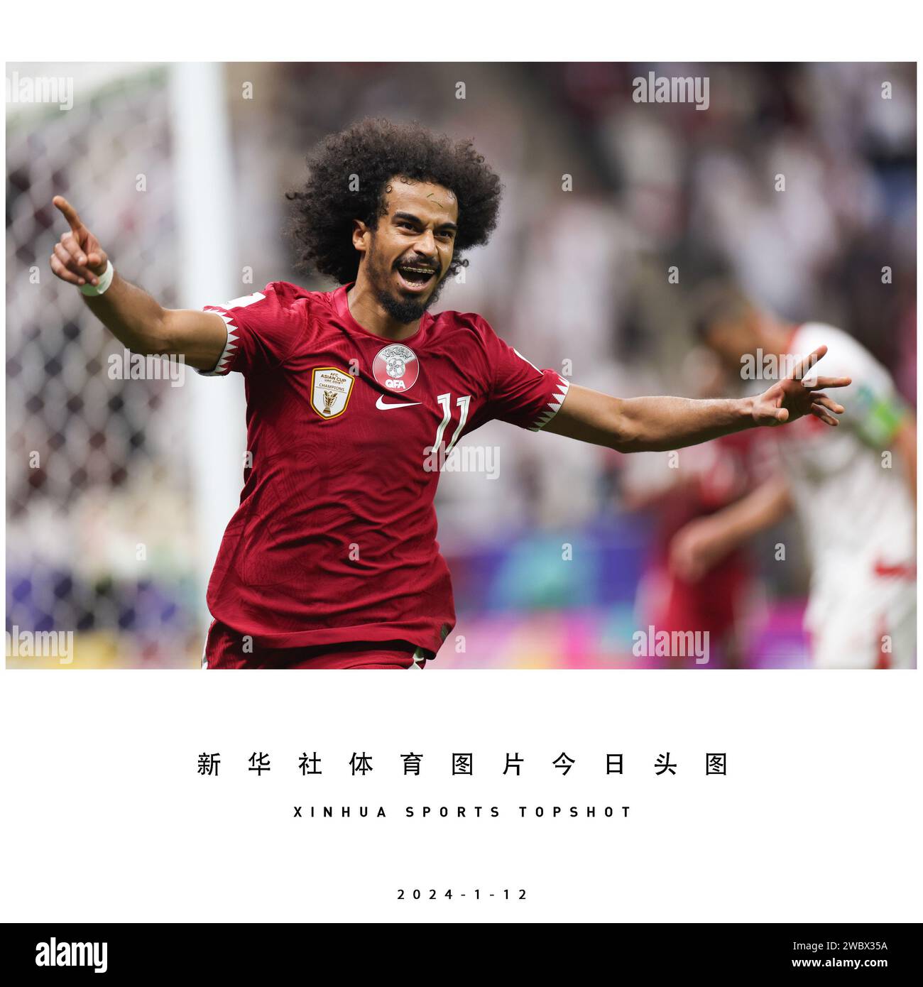 Beijing, Qatar. 12th Jan, 2024. Akram Afif of Qatar celebrates scoring