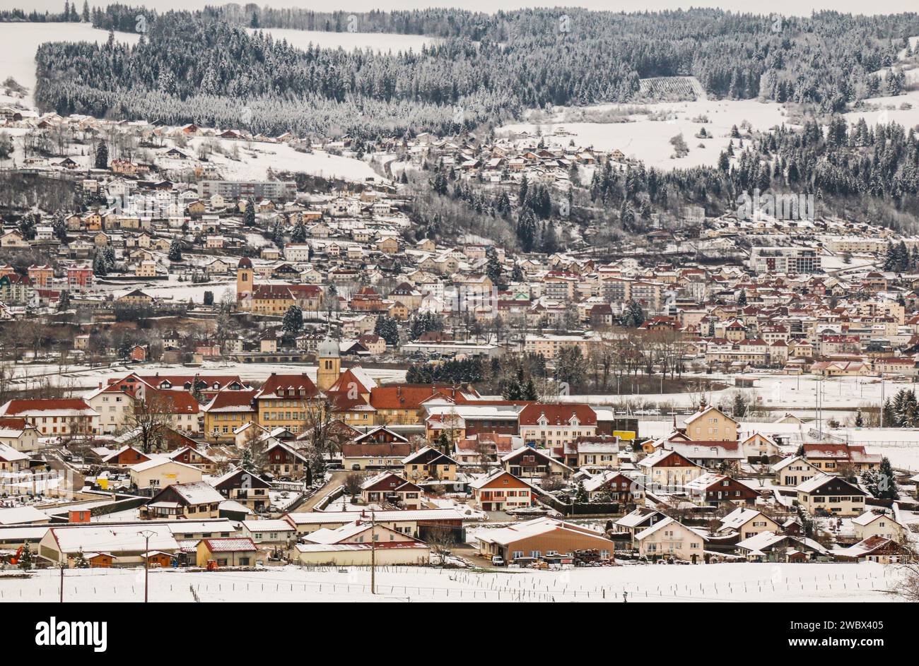 Winter in Morteau city and Montlebon village in Doubs department, Bourgogne-Franche-Conté region, Eastern France Stock Photo