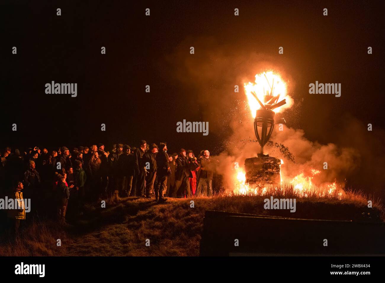 11 January 2024, Burghead,Moray,Scotland. This is the Burning of the Clavie, a fire festival unique to Burghead, which greets the New Year. The signif Stock Photo