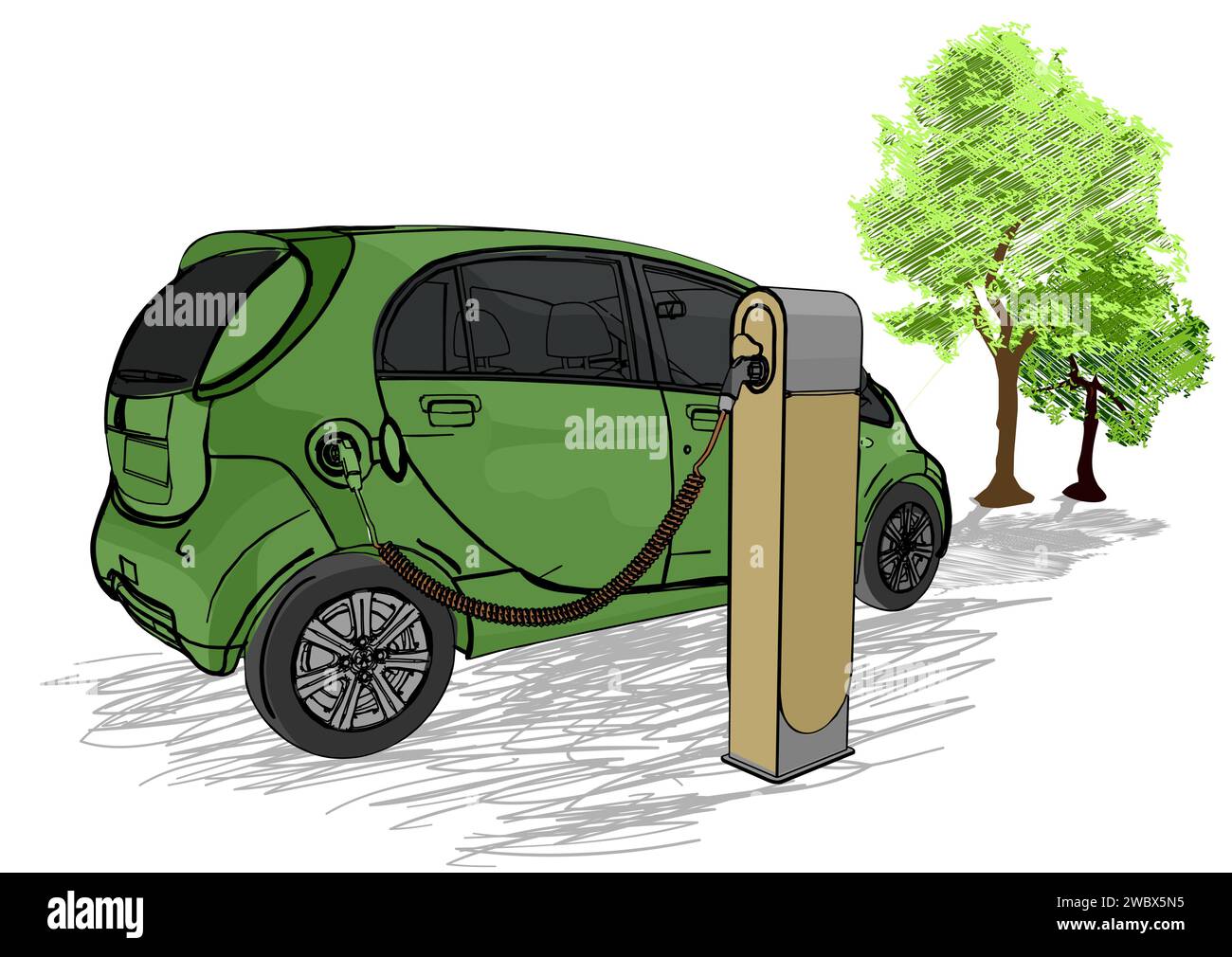 electric car and tree isolated on white background Stock Vector