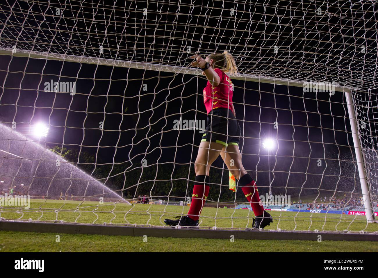 Sydney, Australia. 12th Jan, 2024. Assistant referee, Emma Kocbek inspects the nets before the A-League Women Rd12 match between Wellington Phoenix and Central Coast Mariners at Leichhardt Oval on January 12, 2024 in Sydney, Australia Credit: IOIO IMAGES/Alamy Live News Stock Photo