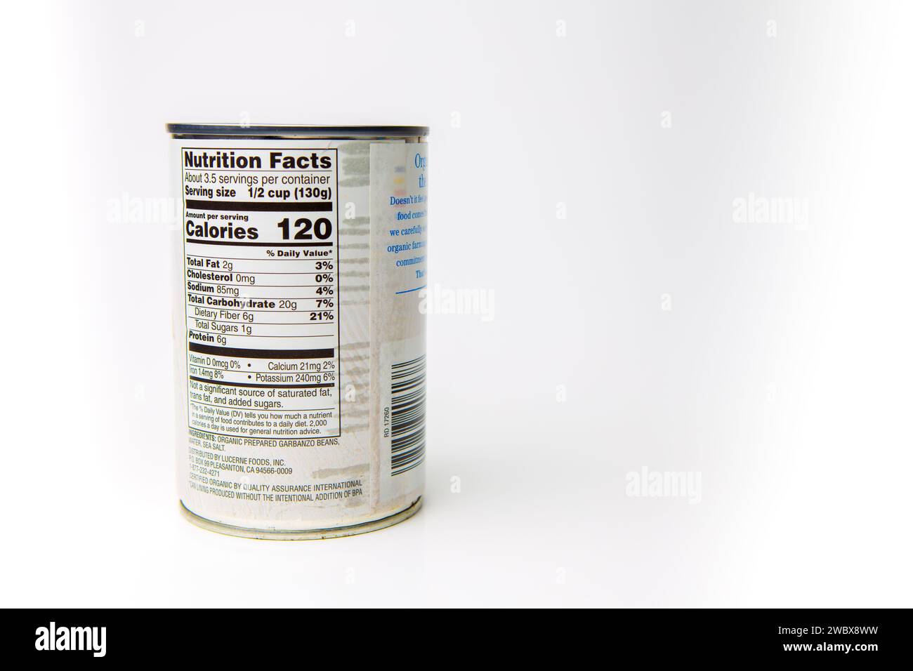 Can of organic Garbanzo Beans nutrition facts label with white