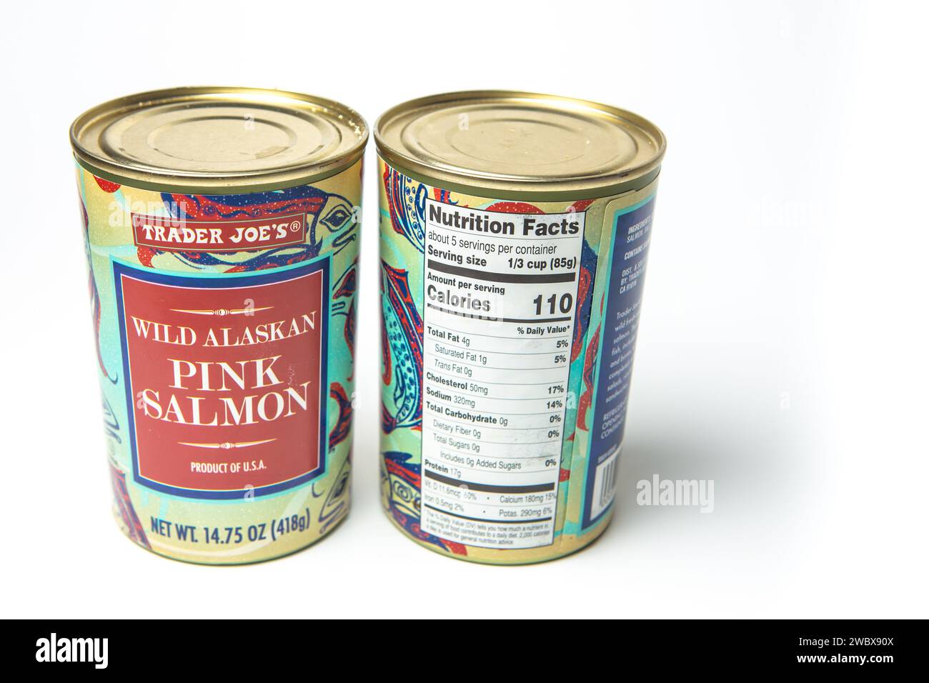 Trader Joes Canned Alaskan pink salmon and nutrition facts white background Stock Photo
