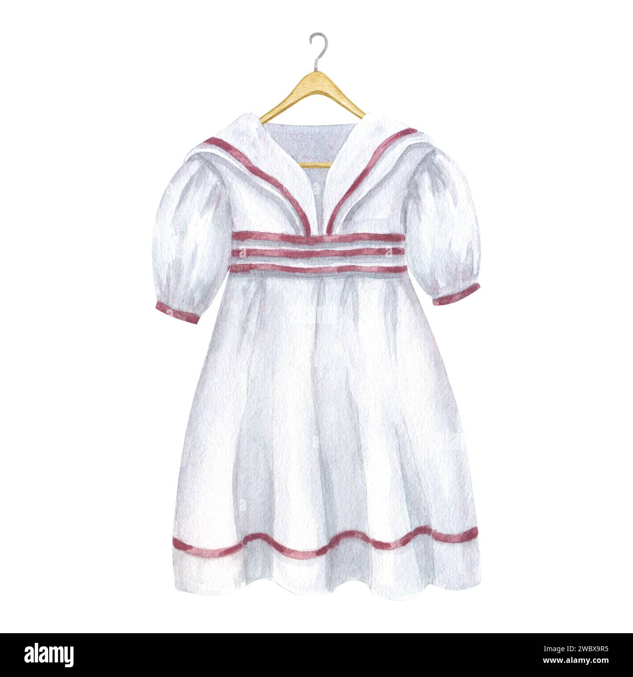 Kids white sailor costume, antique clothing for a little girl. Marine dress on wooden hanger. Hand drawn watercolor illustration isolated on white Stock Photo