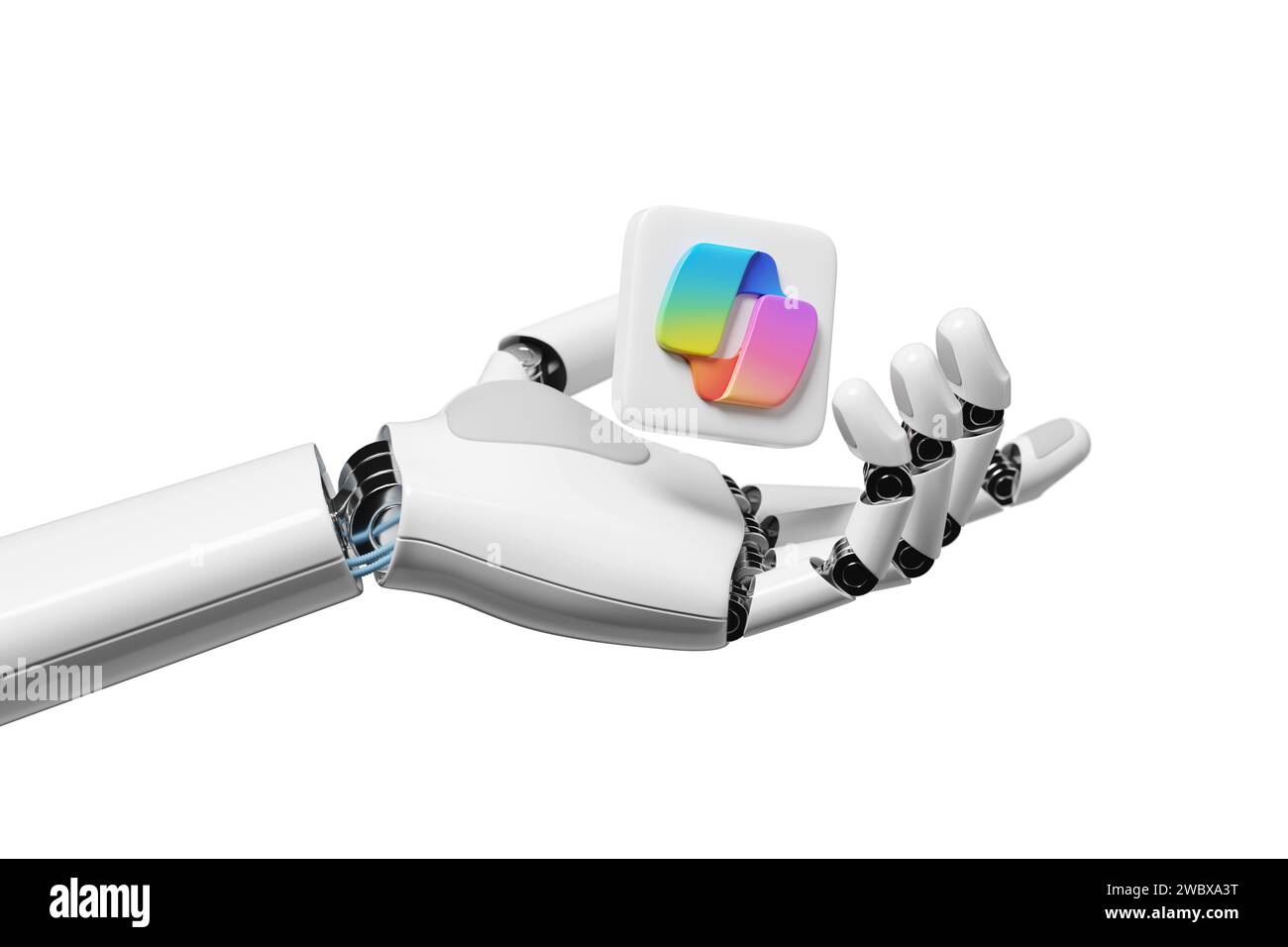 Buenos Aires, Argentina - January 11th, 2024: Robotic hand holding a copilot logo icon. 3d illustration. Stock Photo