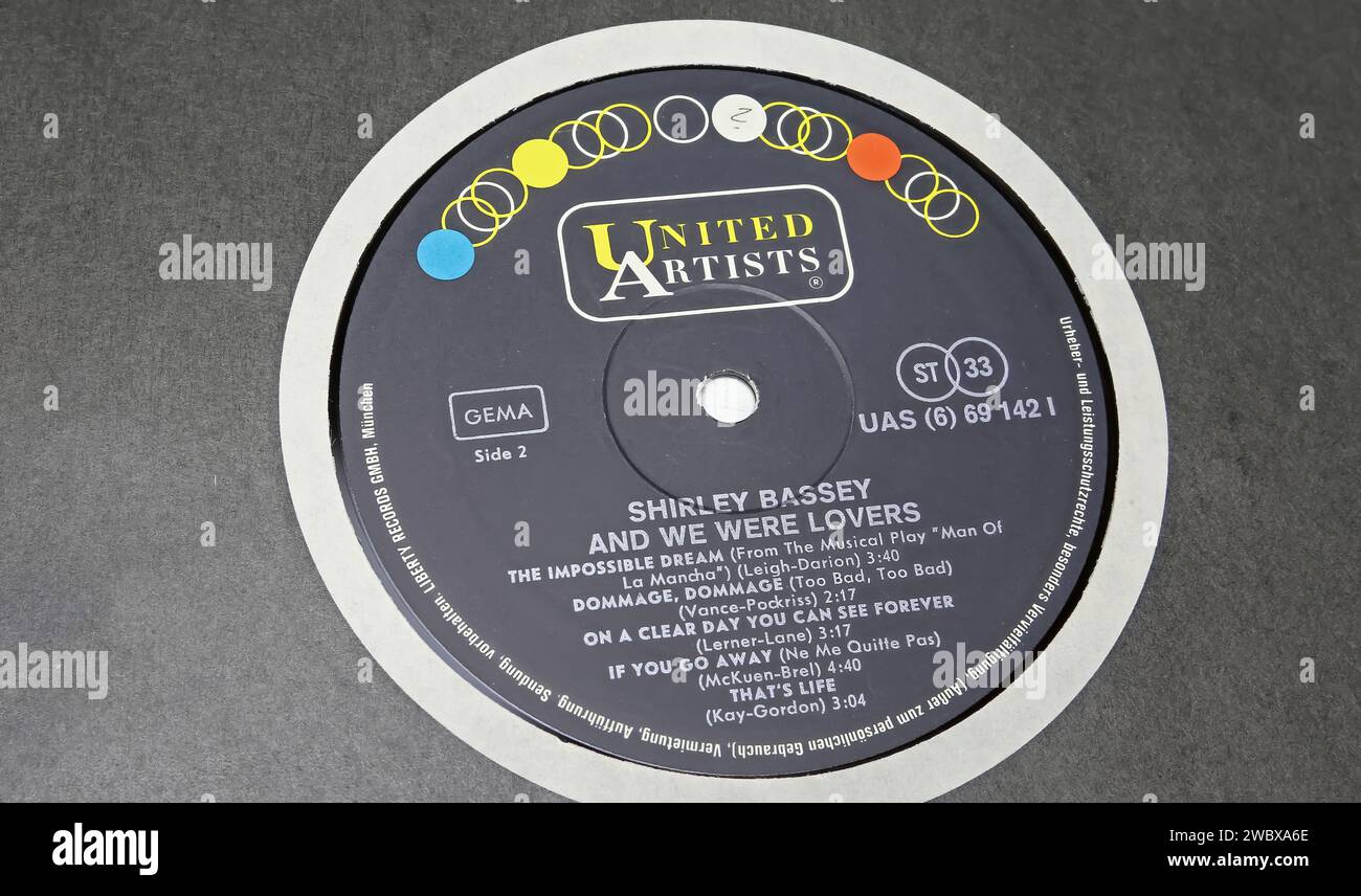 Viersen, Germany - May 9. 2023: Closeup of singer Shirley Bassey vinyl record album label And we were lovers from 1967 by united Artists Stock Photo