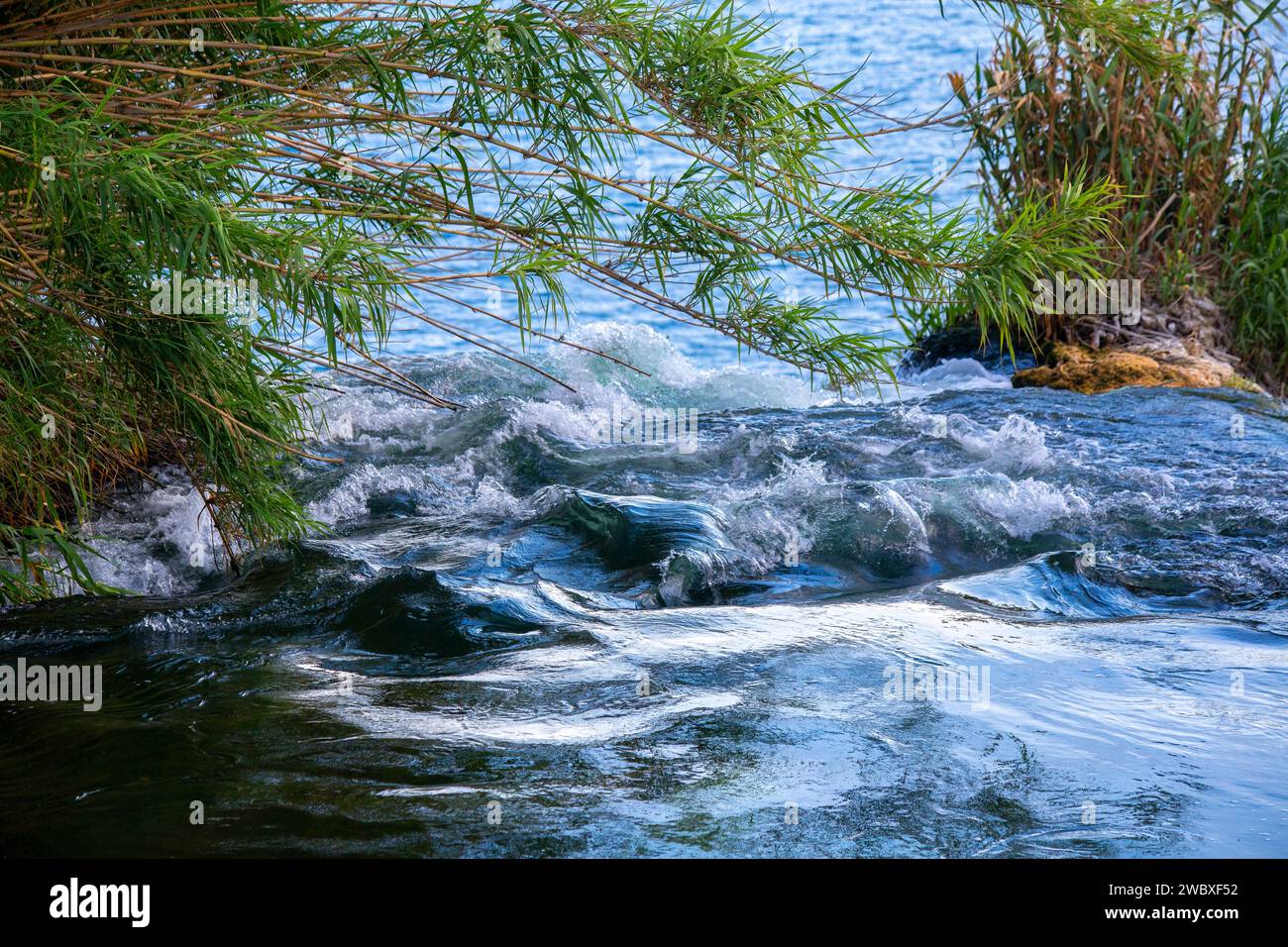 The place where the water starts to fall from a waterfall. Moving