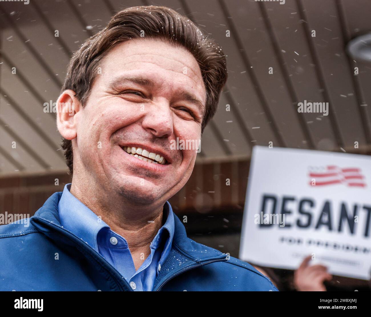 Urbandale, United States. 12th Jan, 2024. Florida Governor and Republican presidential candidate Ron DeSantis, seeking votes in the Iowa Caucus, speaks to the media as he visits his Iowa campaign headquarters in Urbandale, Iowa, Friday January 12, 2024. Iowa Republican voters will gather to caucus on January 15th to select their candidate for US president. Photo by Tannen Maury/UPI Credit: UPI/Alamy Live News Stock Photo