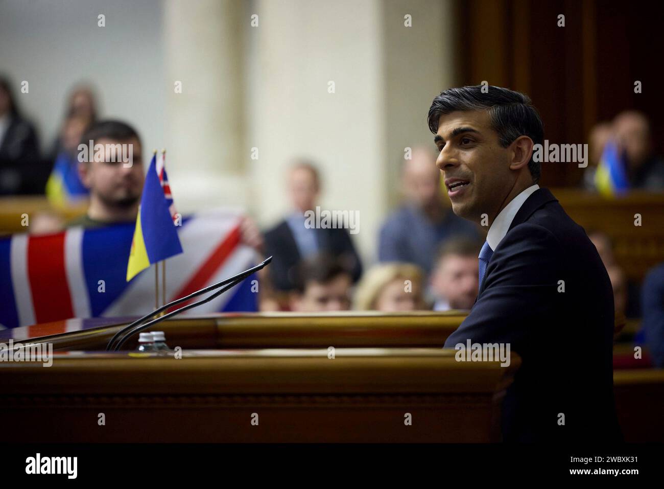 Kiev, Ukraine. 12th Jan, 2024. British Prime Minister Rishi Sunak addresses the Verkhovna Rada, the parliament of Ukraine, January 12, 2024 in Kiev, Ukraine. Sunak announced the United Kingdom would provide Ukraine with more than $3 billion in additional military aid and future security guarantees. Credit: Ukraine Presidency/Ukrainian Presidential Press Office/Alamy Live News Stock Photo