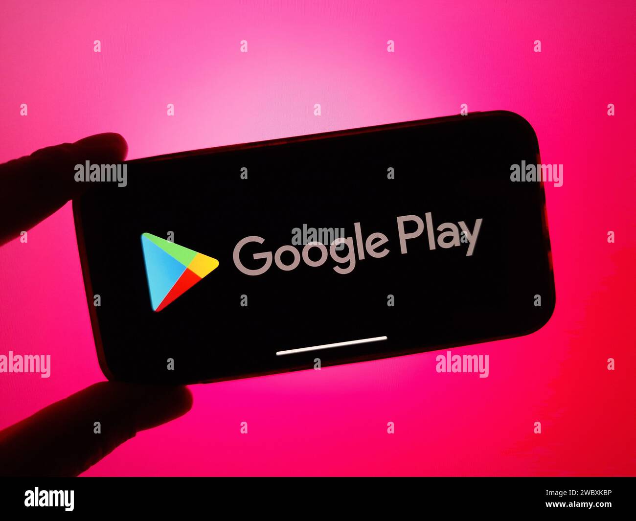 Konskie, Poland - January 12, 2024: Google Play logo displayed on mobile phone screen Stock Photo