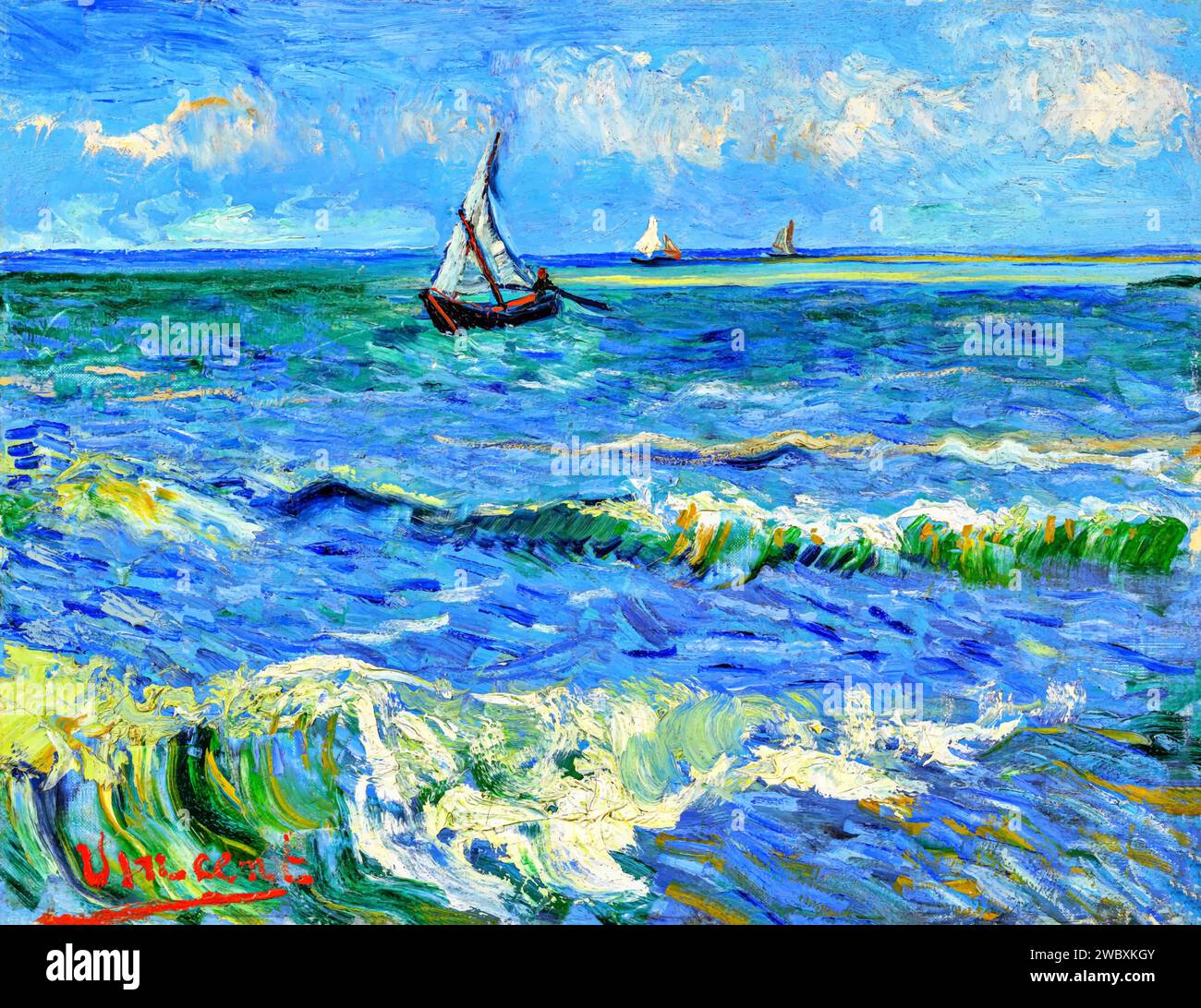 Sea at St.Maries, 1888 (Painting) by Artist Gogh, Vincent van (1853-90) Dutch. Stock Vector