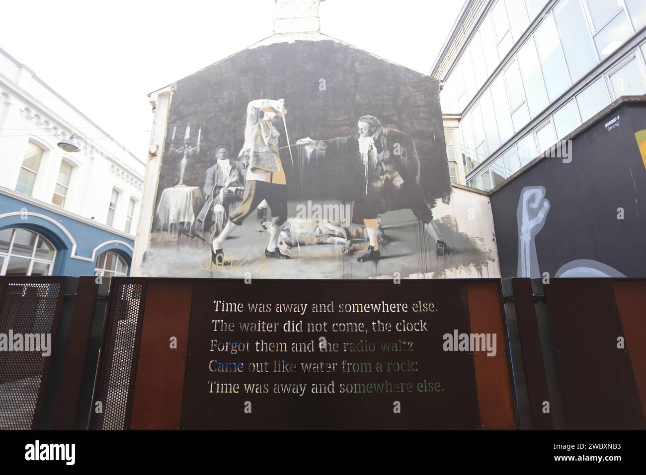 The Duel of Belfast, Dance by Candlelight mural, painted by Irish artist Conor Harrington on Hill Street in the Cathedral Quarter of Belfast, NI, UK Stock Photo