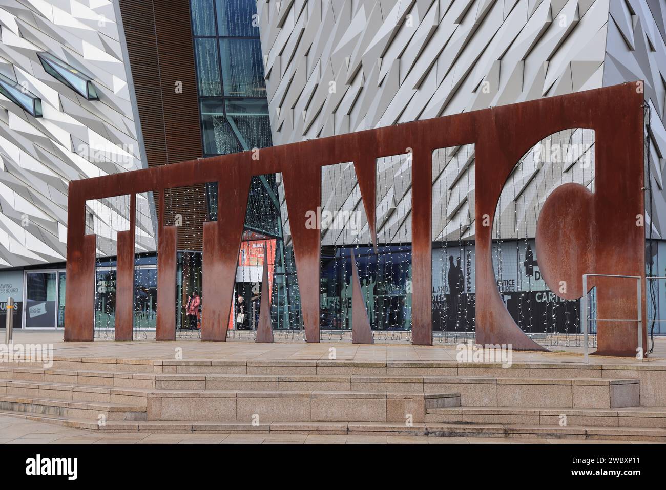 Exterior of the Titanic Museum with Christmas lights, in the Titanic