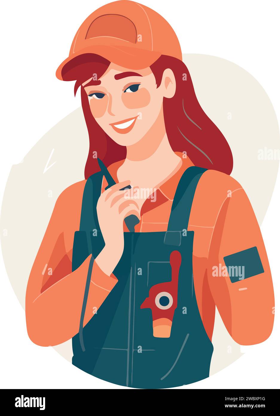 Cute young constructor woman in hard hat and uniform. Vector illustrations. Stock Vector