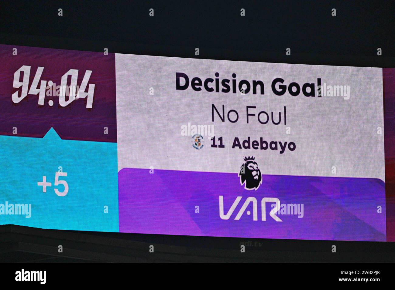 Burnley, UK. 12th Jan, 2024. The big screen shows the VAR decision of ...