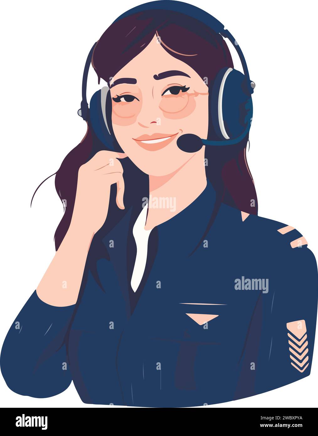 Smiling young woman pilot. Captain of passenger plane. Isolated flat