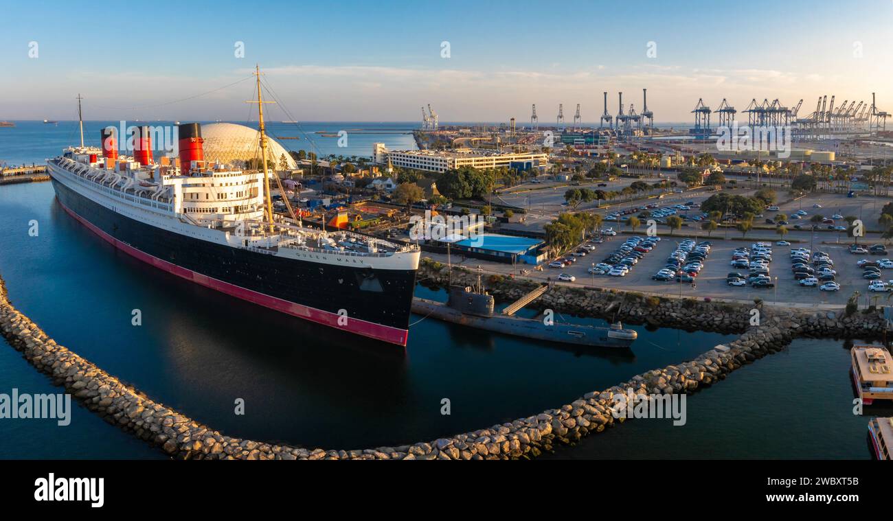 Aerial view of RMS Queen Mary ocean liner, Long Beach, CA Stock Photo ...