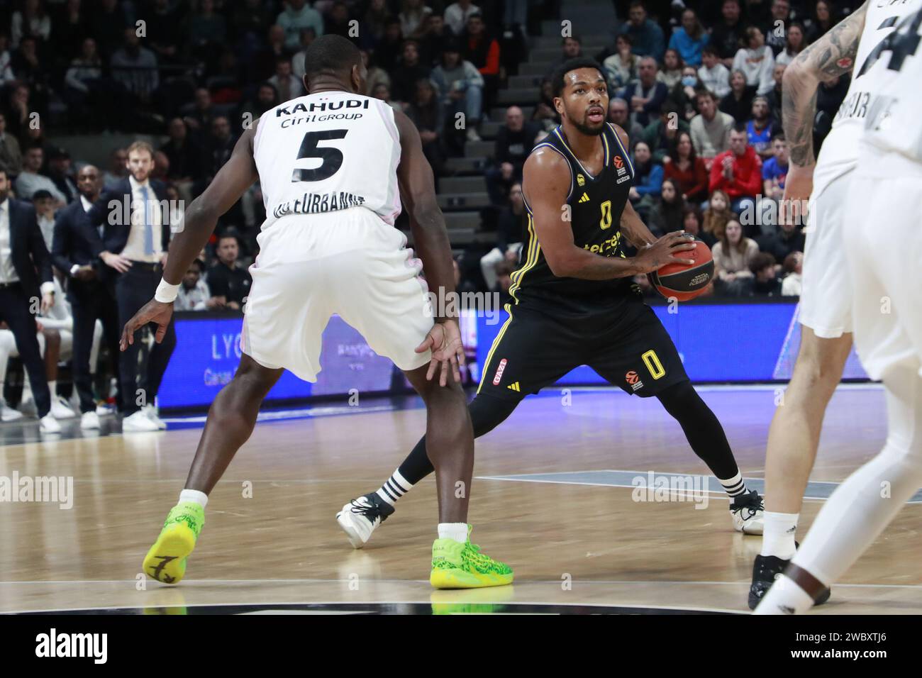 Sterling BROWN of Alba Berlin and Charles KAHUDI of Lyon during the Turkish Airlines EuroLeague basketball match between LDLC ASVEL Villeurbanne and Alba Berlin on January 12, 2024 at Astroballe in Villeurbanne, France Stock Photo